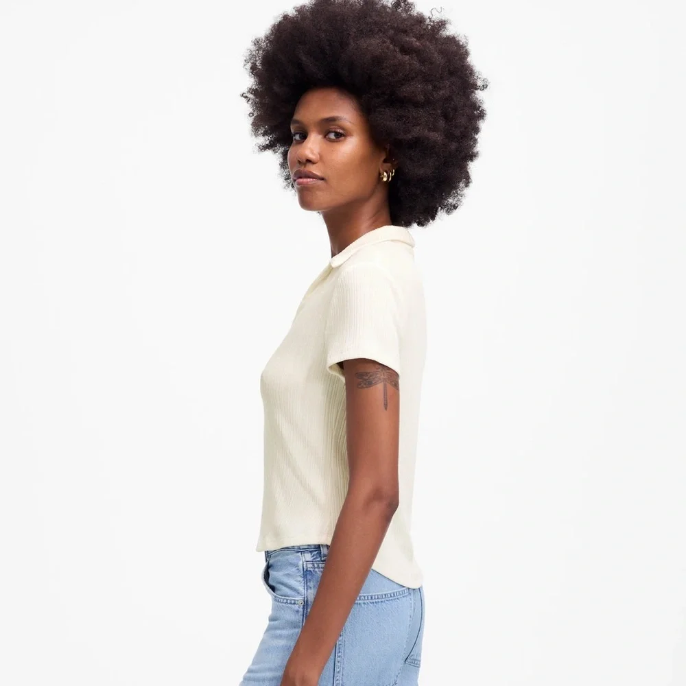 Madewell White Ribbed V-Neck Polo Tee - Picture 4 of 8
